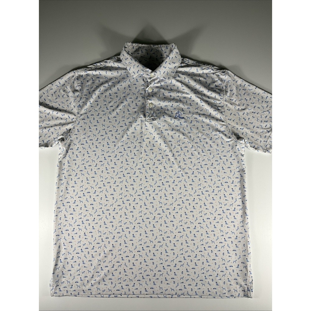 Rhoback Men's Large White Blue Dog Print Performance Golf Polo Shirt